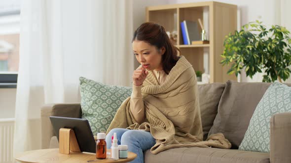 Sick Woman Having Video Call on Tablet Pc at Home