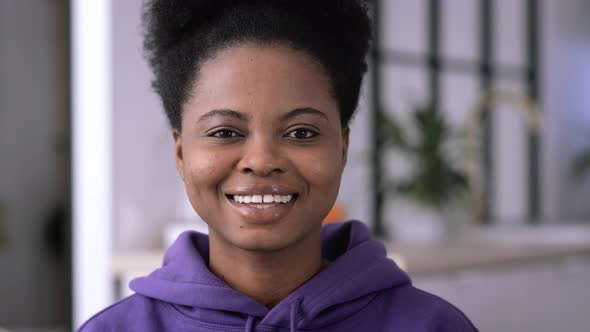 Portrait Beautiful African American Girl at Modern Home Smiling Young Black Woman with Curly Hair