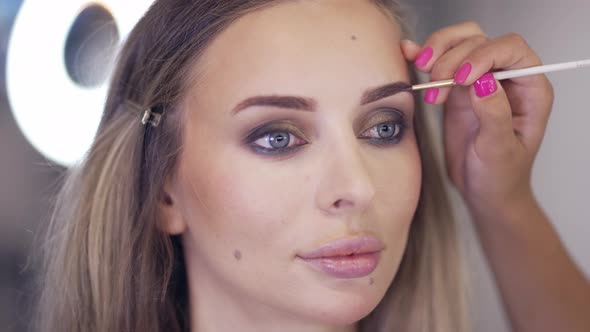 Makeup Artist Paints Eyebrows with a Brush Close Up