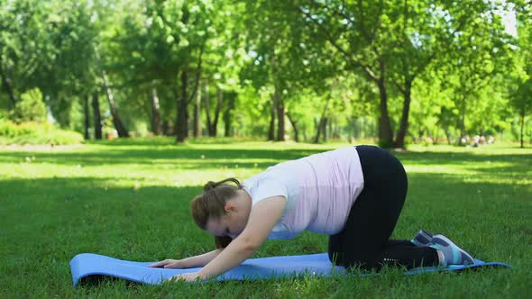 Fat Girl Clumsy Doing Stretches, Beginner in Yoga, Start of Healthy Lifestyle