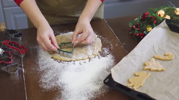 Woman Hands Cooking Christmas Pastry Biscuits Cutting Out Dough Figures Put Tray