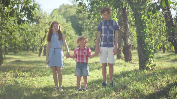 Three Redhead Children Holding Hands Walking to Camera Leaving in Sunshine Outdoors