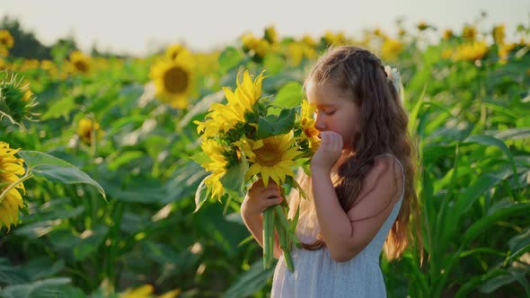 Girl with a bouquet of sunflowers looking at camera smiling. Bright sunny day
