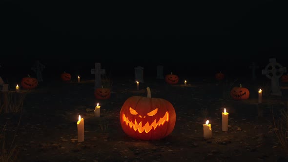 3D Halloween Night background with candles, pumpkins, graves. 3D rendered animation