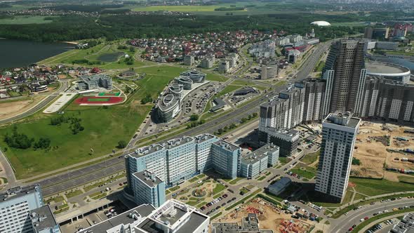 View From the Height of Pobediteley Avenue in Minsk.New Residential and Sports Buildings 