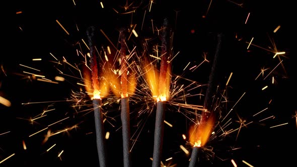 Bengal Fires New Year Sparkler Candles Sparkling Lights Burning on a Black Background Slow Motion