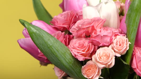 Bouquet Flower with Roses and Tulips, on Yellow, Rotation, Close Up