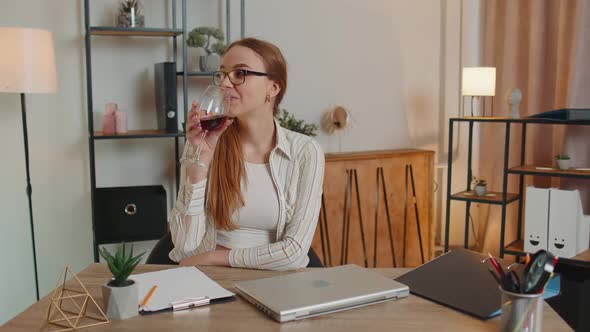 Woman Freelancer Gets Good News Exam Results Successfully Signed Contract Celebrating Drinking Wine