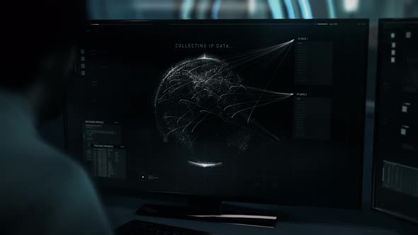 Cyber security firewall software identifies target IP position on the map alt