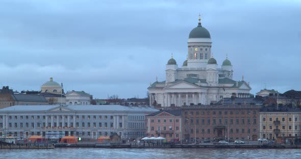 Time lapse showing the cityscape of Helsinki, showing the cathedral and the river.