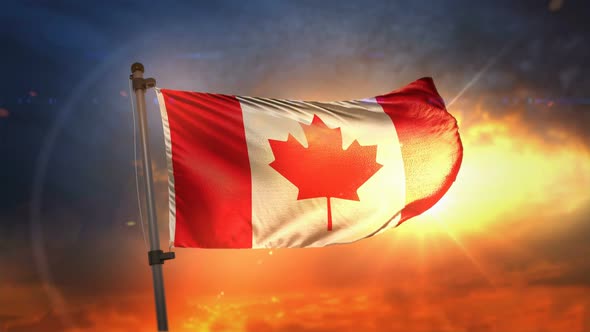 Canada Flag Backlit At Beautiful Sunrise Loop Slow Motion
