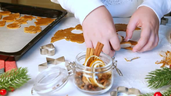 Making gingerbread cookies. Child put raw gingerbread cookie on baking sheet