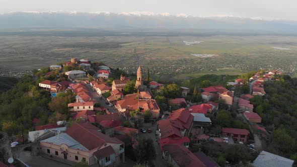 Aerial view of beautiful city of love Sighnaghi. Georgia 2019 spring