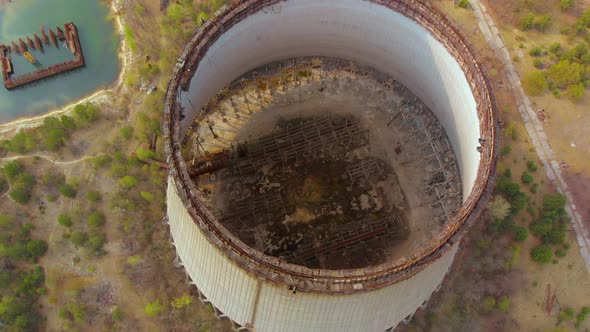 Drone Flies Over the Cooling Tower, Chernobyl NPP