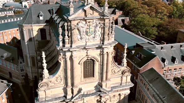 Saint Michael's Church in Naamse straat, Leuven, Belgium. Aerial pullback