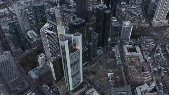 Elevated Footage of Commerzbank Tower and Surrounding Downtown Skyscrapers