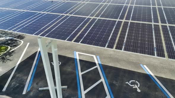 Aerial View of Solar Panels Installed As Shade Roof Over Parking Lot for Parked Cars for Effective