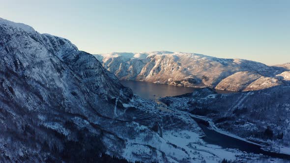 Stanghelle, Veafjorden and Osterøy in cold winter season - aerial panoramic overview