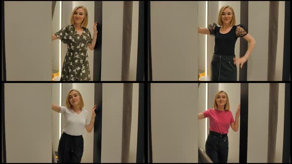 Collage of Blondie Girl Pulling Back Curtain and Showing Diffirent Dresses