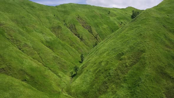 Flight over Green Grassy Rocky Hills