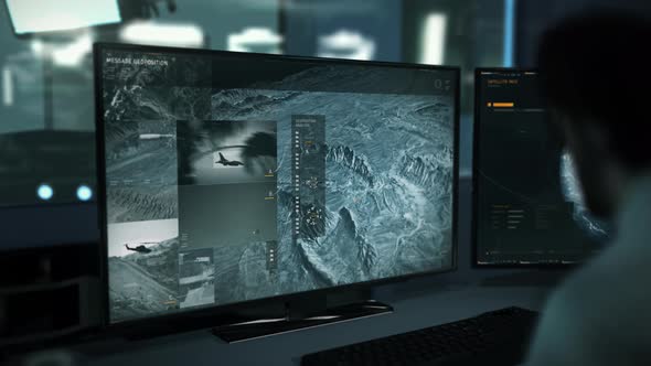 Spy Analyzing Position Of Enemy Military Base By Interface For Location Search alt