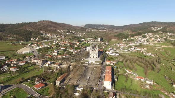 Fly Above Village and Basilic of São Torcato. Guimarães, Portugal