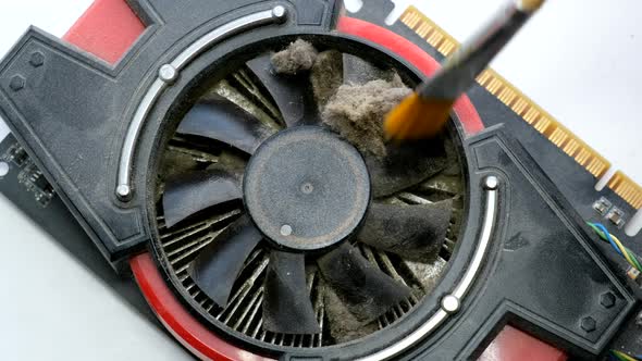 The master cleans the cooler on the video card close-up with a brush