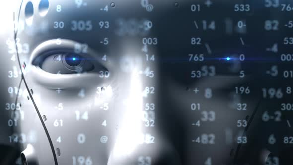 The robot looks close-up at the viewer observing what is happening alt