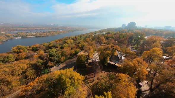 FPV Flight Over the Public Park on the Embankment of Kiev in the Autumn