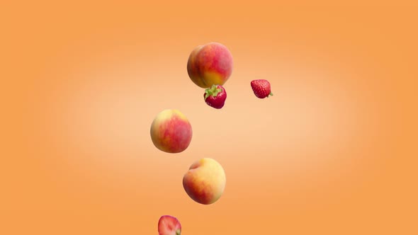 Peaches and Halves of Strawberries Falling on a Color Background