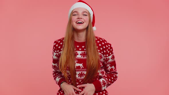Lovely Positive Adult Girl in Christmas Sweater Laughing Out Loud After Hearing Anecdote Funny Joke