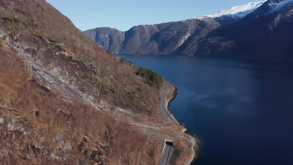 Tunnel going straight through a landslide in Eidfjord Norway - Beautiful mountain scenery with fjord