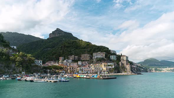 Cetara, Italy. View from the sea of the seaside village of Cetara with the marina on the right.