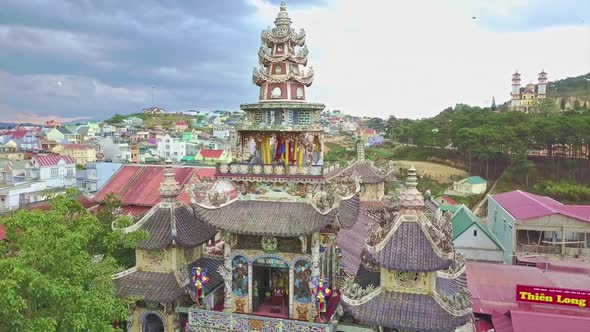 Drone Moves From Top To Bottom of Pagoda Bell Tower