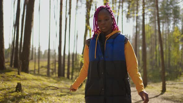 Hiker African Black Backpacker Woman on Hiking Adventure Feeling Freedom Walking in Forest Female