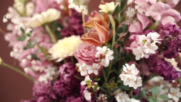 Spinning Rotating Round Shot of Fresh Tender Pink Bouquet Indoors. Flowers in Floral Shop. Nobody