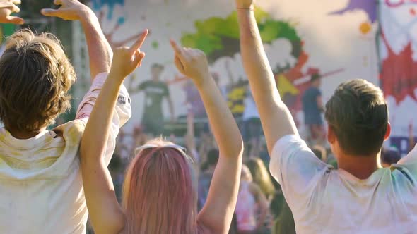 Back View of Excited Audience Jumping and Applauding at Outdoor Concert, Slow-Mo