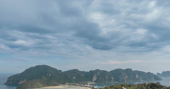 Time Lapse of Day Clouds Over the Wonderful Bay of Phi Phi Island Landscape with Boats. Andaman Sea