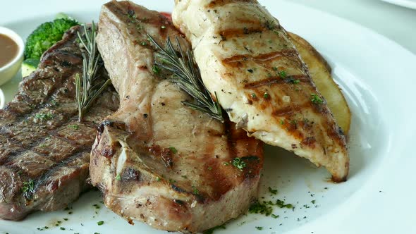 Grilled pork chop meat steak with vegetable