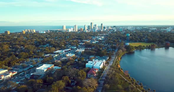 4K Aerial Video of Downtown St Petersburg Descending near Crescent Lake Park