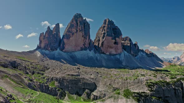 Aerial view of Tre Cime di lavaredo in Dolomites, Italy