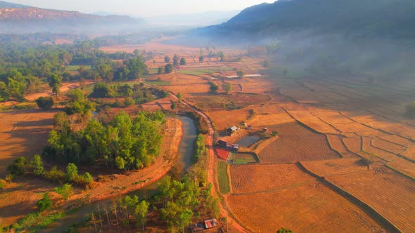 Aerial view of farmers farmland in dry season. beautiful scenery in the morning