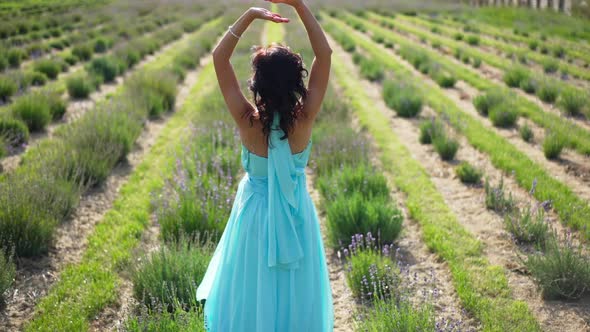 Back View Elegant Slim Woman in Blue Dress Raising Hands in Slow Motion Admiring Beauty of Nature
