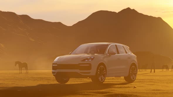 Horses Grazing in Foggy Mountain Area at Sunset and Luxury White Off-Road Vehicle Standing in Park