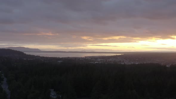 Coastal Sunset Aerial Looking Towards Downtown Bellingham Bay Washington