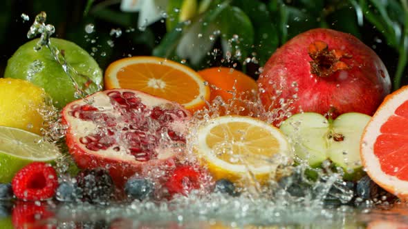 Super Slow Motion Shot of Splashing Water on Variation of Fruits at 1000Fps