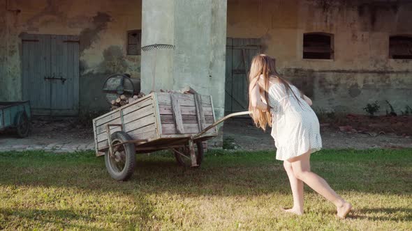 Longhaired Woman Pushes Heavy Wooden Cart with Firewood