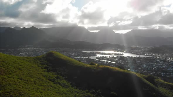 Aerial of Pillbox Hike in Hawaii with Lens Flare