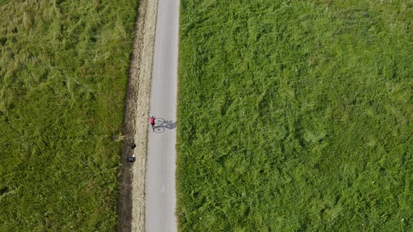 Drone shot of a racing cyclists