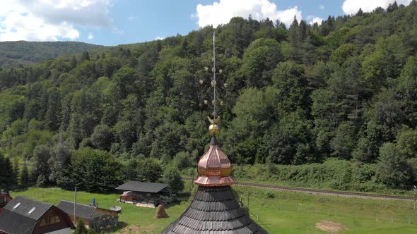 Nature Landscape with Tower of an Ancient Wooden Church